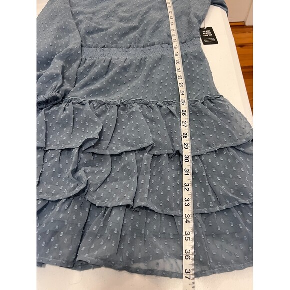 Express Long Sleeve Tiered Ruffle Swiss Dot Dusty Blue Dress Size M NWT!!! - Picture 7 of 8